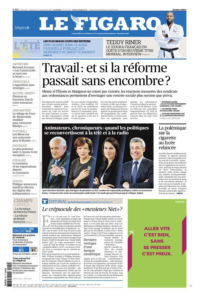 Le Figaro Une du 2 septembre 2017