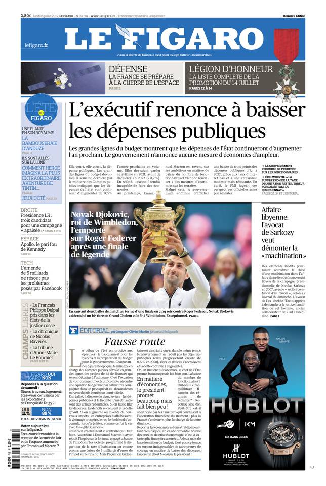 Le Figaro Une du 15 juillet 2019