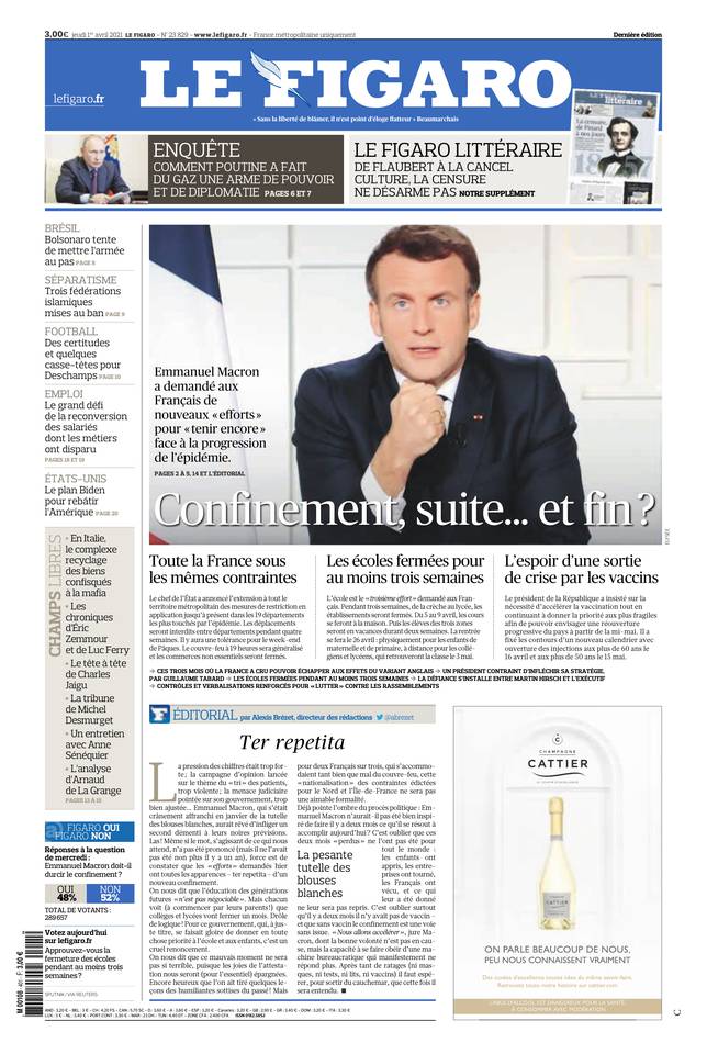Le Figaro Une du 1 avril 2021