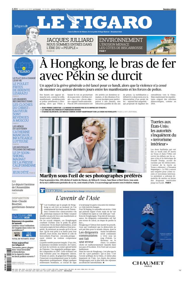 Le Figaro Une du 5 août 2019