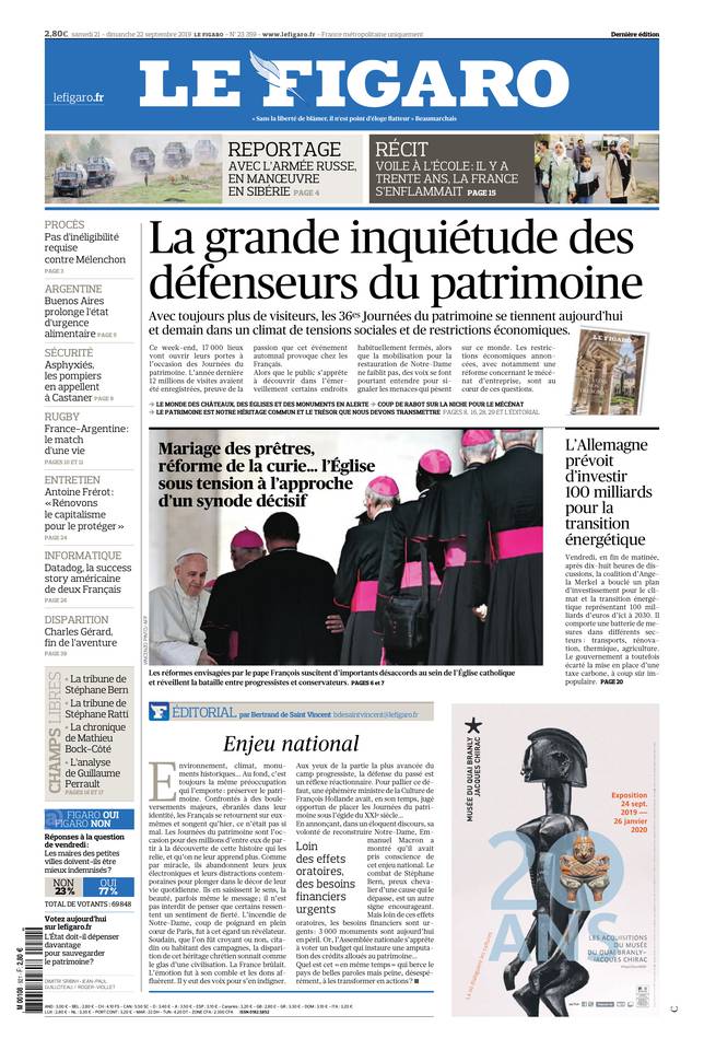 Le Figaro Une du 21 septembre 2019