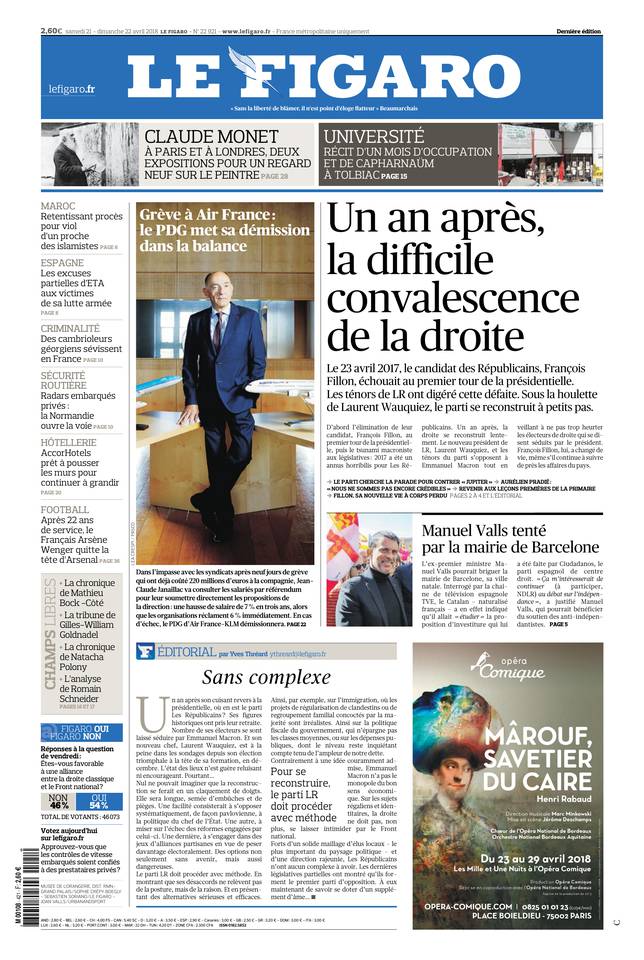 Le Figaro Une du 21 avril 2018