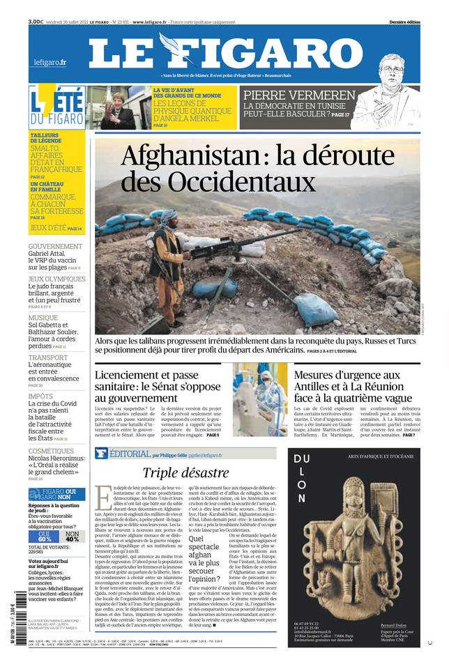 Le Figaro Une du 30 juillet 2021