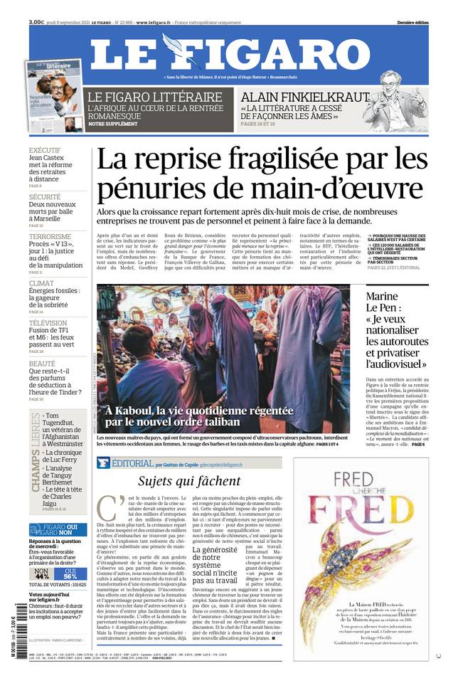 Le Figaro Une du 9 septembre 2021