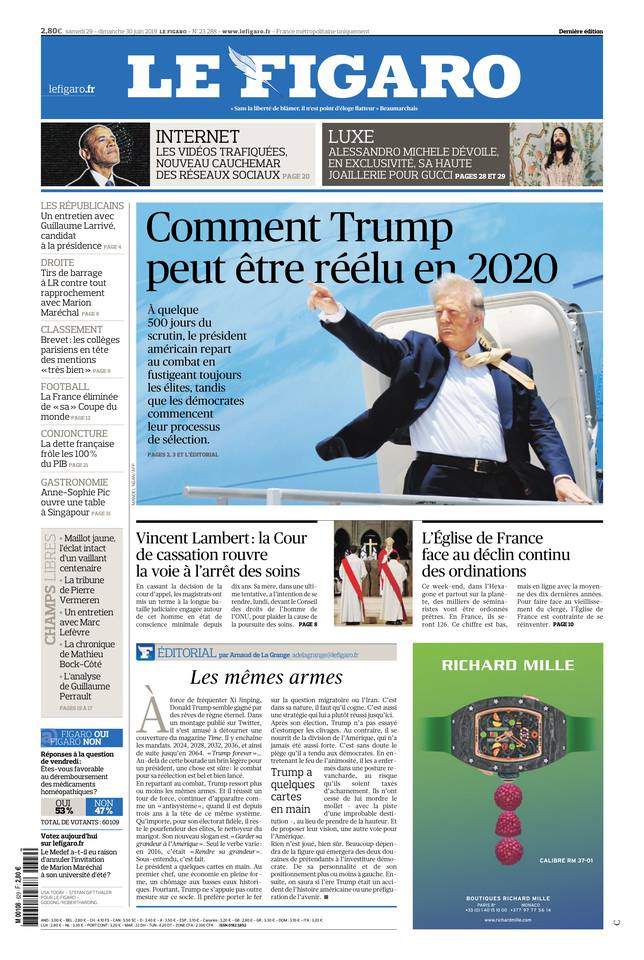 Le Figaro Une du 29 juin 2019