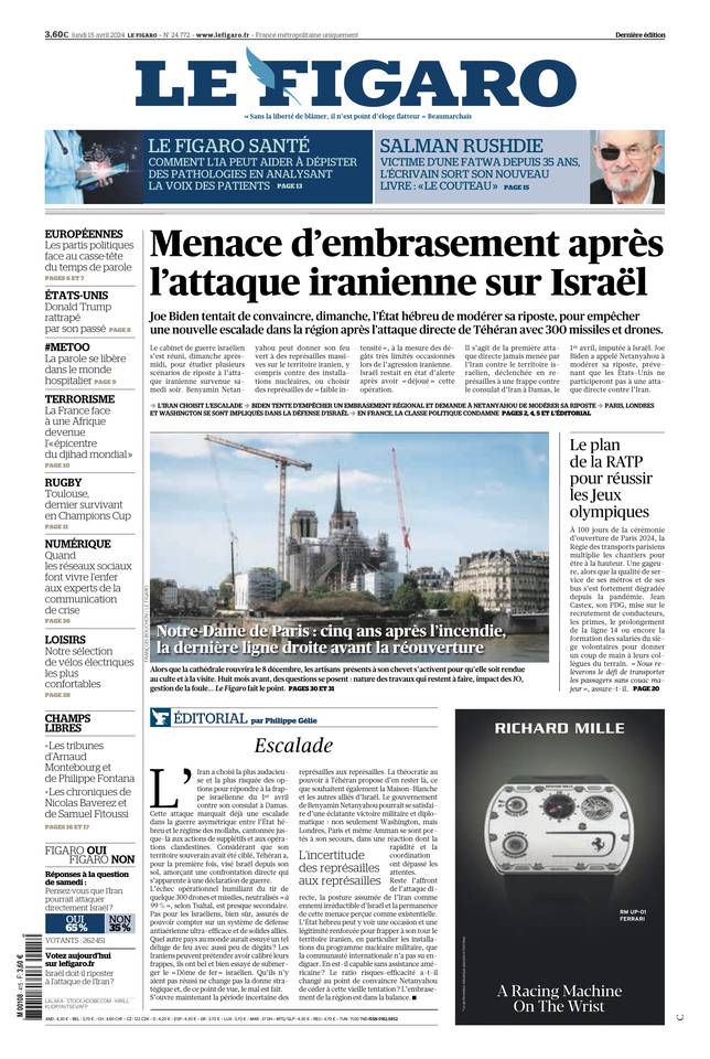 Le Figaro Une du 15 avril 2024