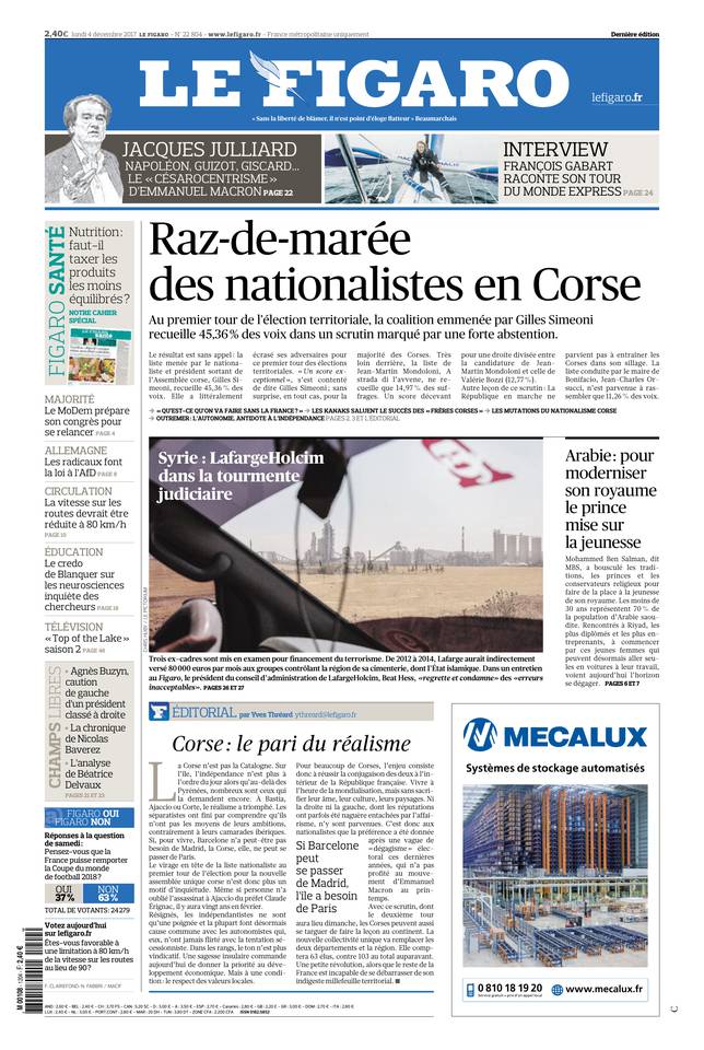 Le Figaro Une du 4 décembre 2017