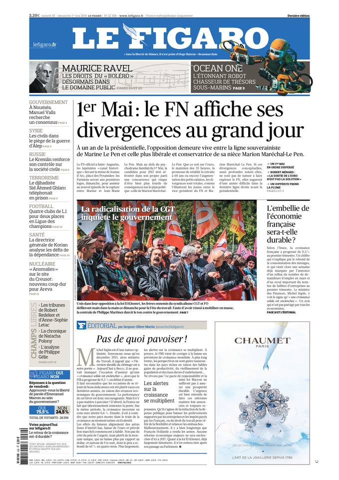 Le Figaro Une du 30 avril 2016