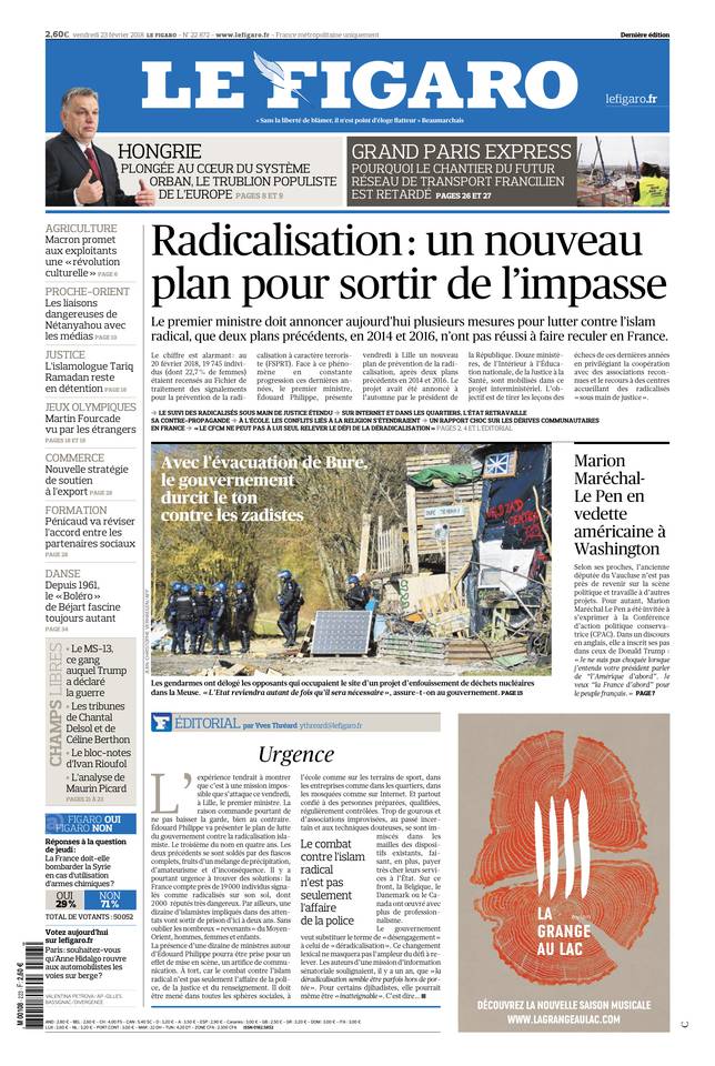 Le Figaro Une du 23 février 2018