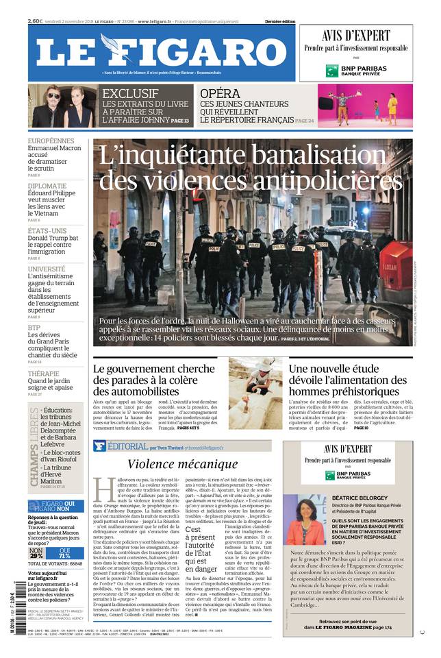 Le Figaro Une du 2 novembre 2018