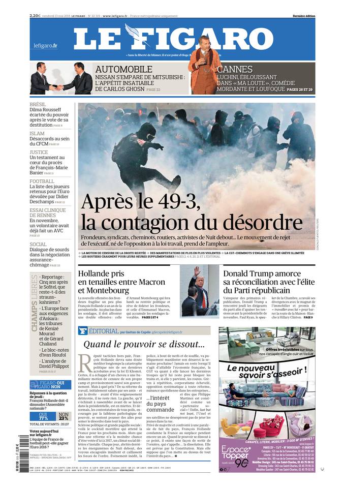 Le Figaro Une du 13 mai 2016