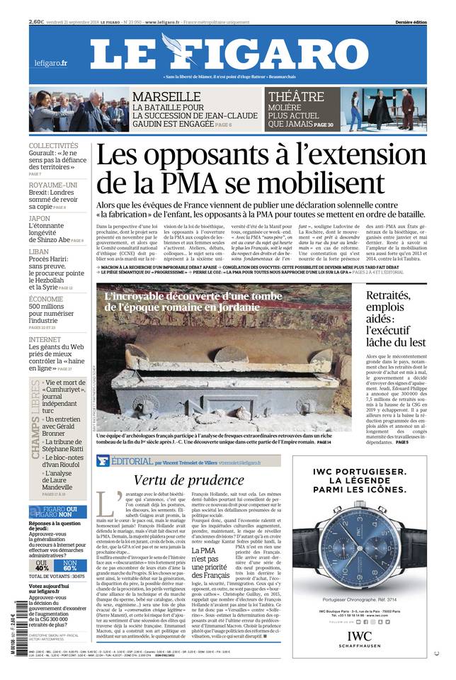 Le Figaro Une du 21 septembre 2018