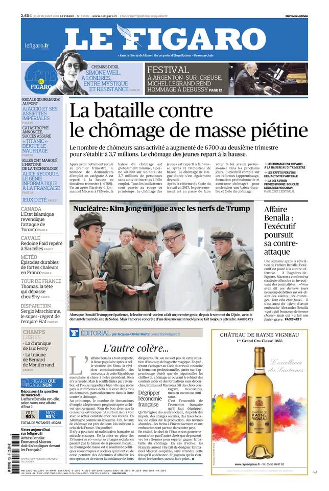 Le Figaro Une du 26 juillet 2018