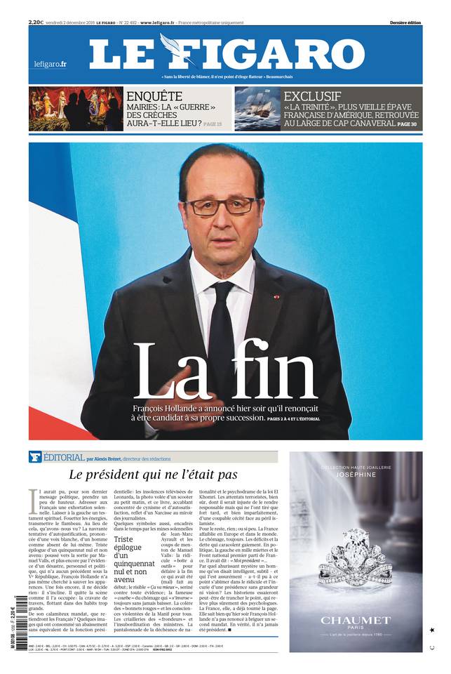 Le Figaro Une du 2 décembre 2016