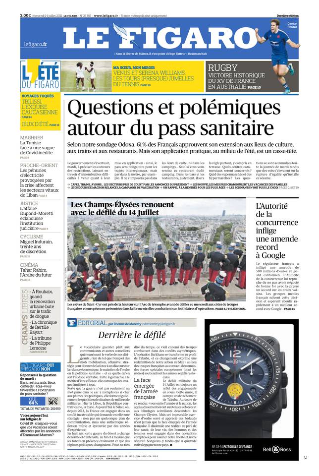 Le Figaro Une du 14 juillet 2021