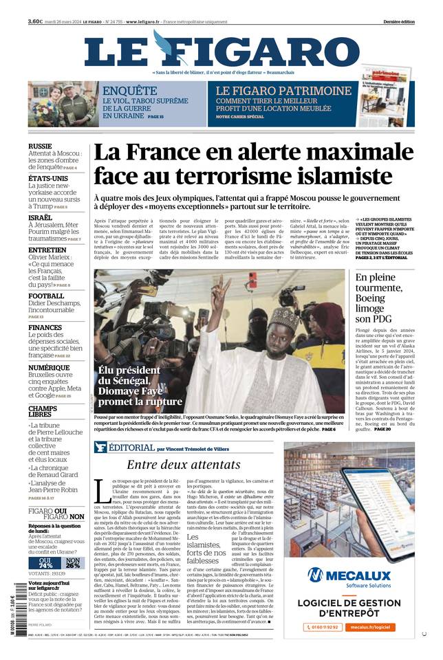 Le Figaro Une du 26 mars 2024
