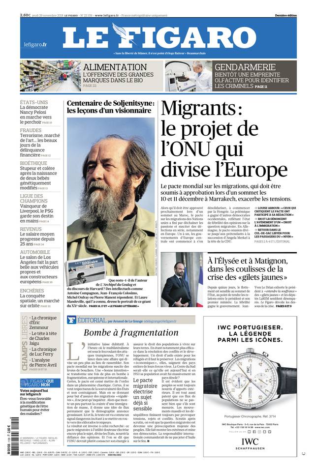 Le Figaro Une du 29 novembre 2018