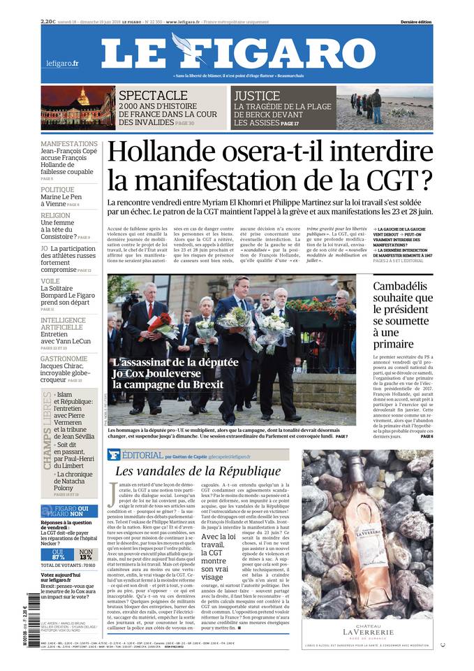 Le Figaro Une du 18 juin 2016