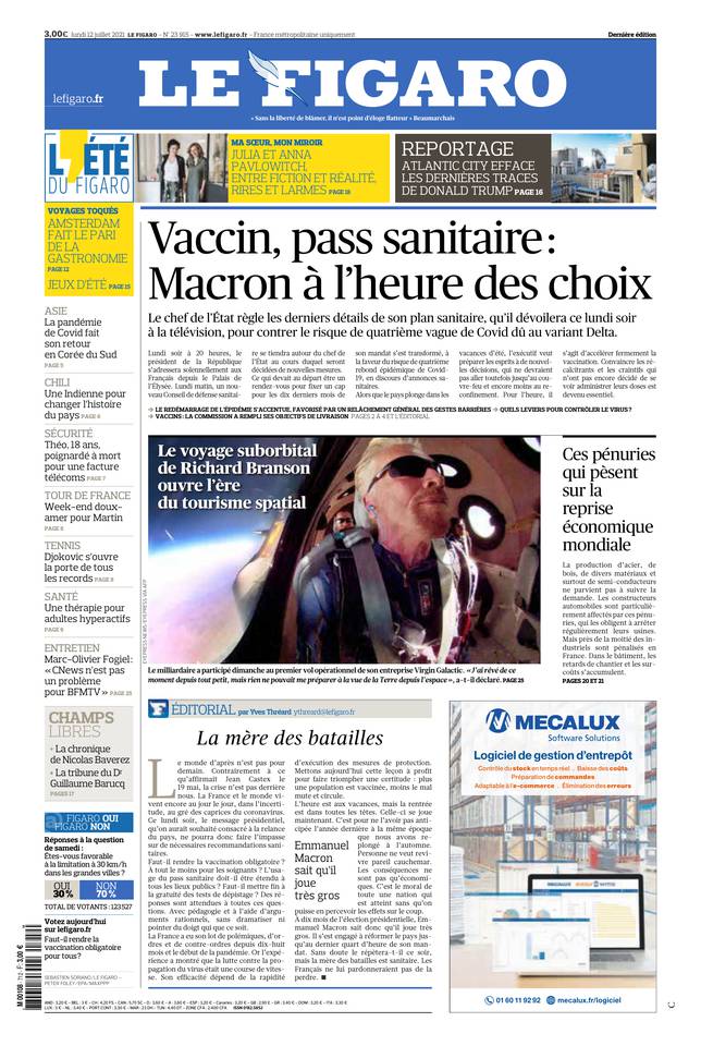Le Figaro Une du 12 juillet 2021