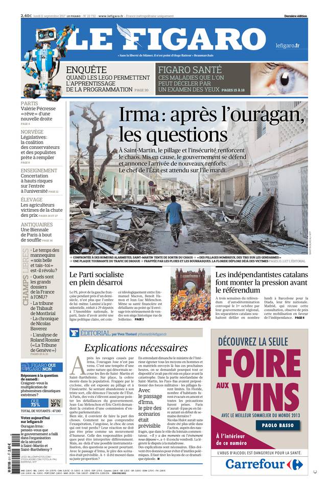 Le Figaro Une du 11 septembre 2017