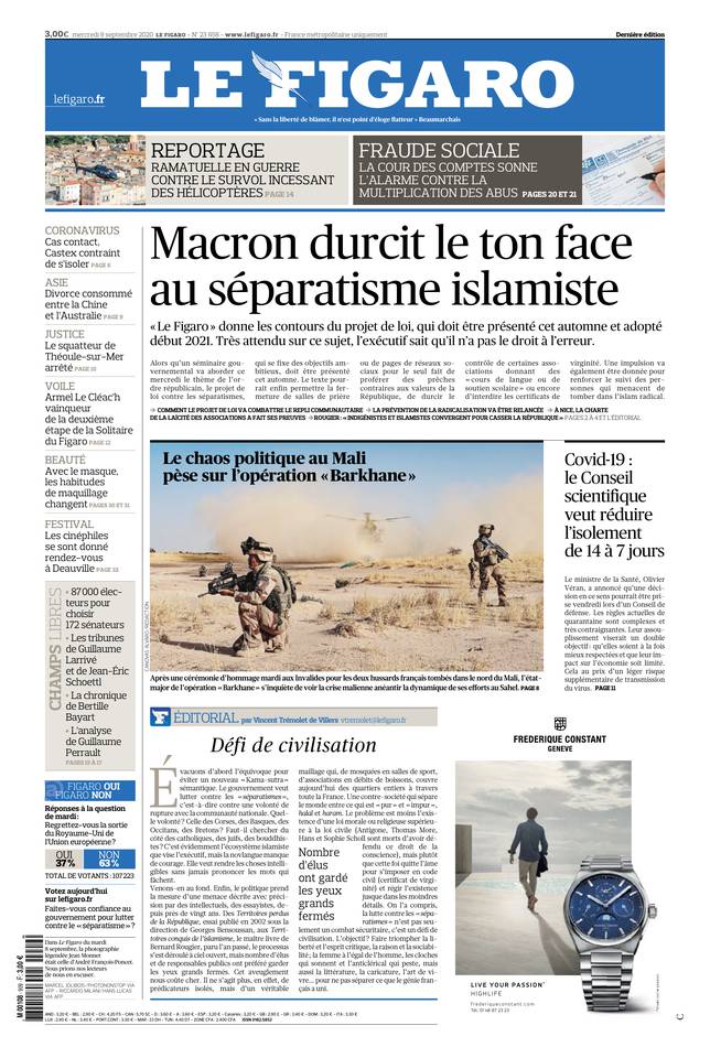 Le Figaro Une du 9 septembre 2020