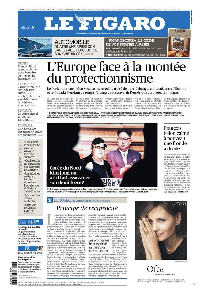 Le Figaro Une du 15 février 2017