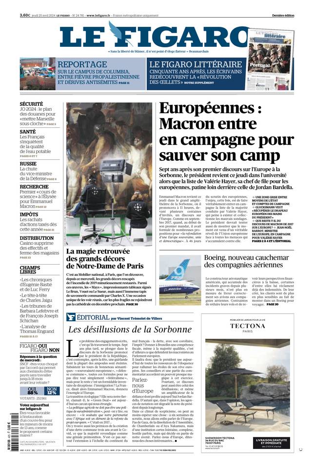 Le Figaro Une du 25 avril 2024