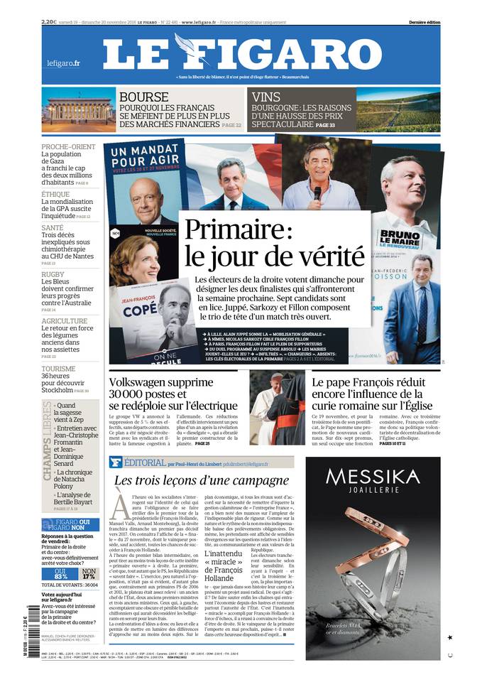 Le Figaro Une du 19 novembre 2016