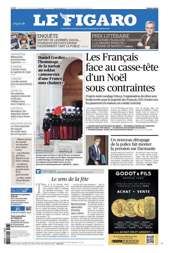 Le Figaro Une du 27 novembre 2020