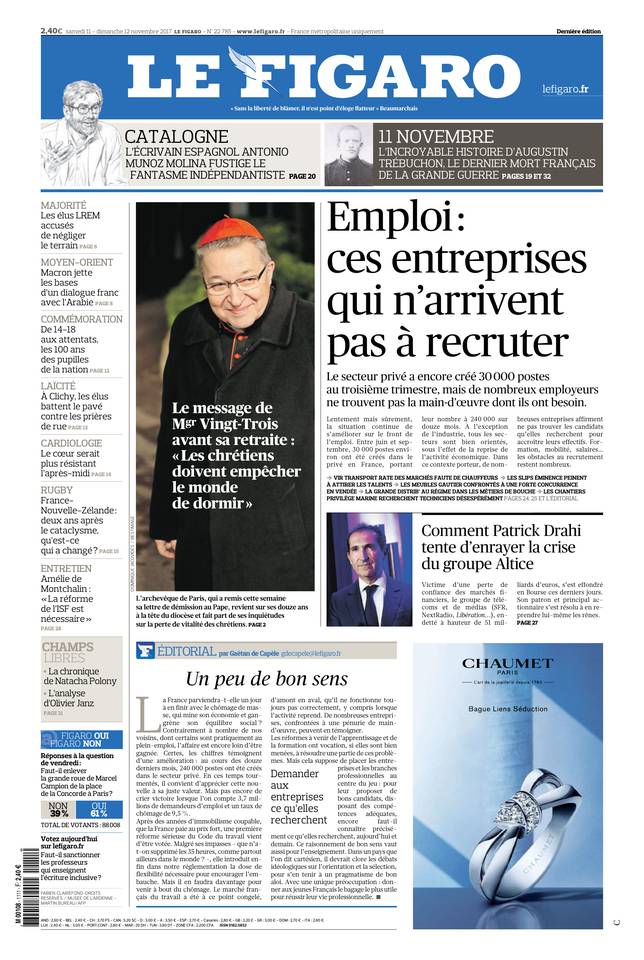Le Figaro Une du 11 novembre 2017