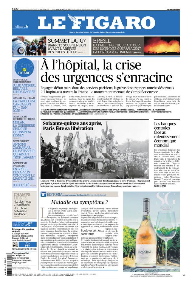 Le Figaro Une du 23 août 2019