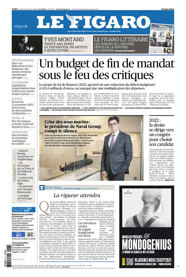 Le Figaro Une du 23 septembre 2021