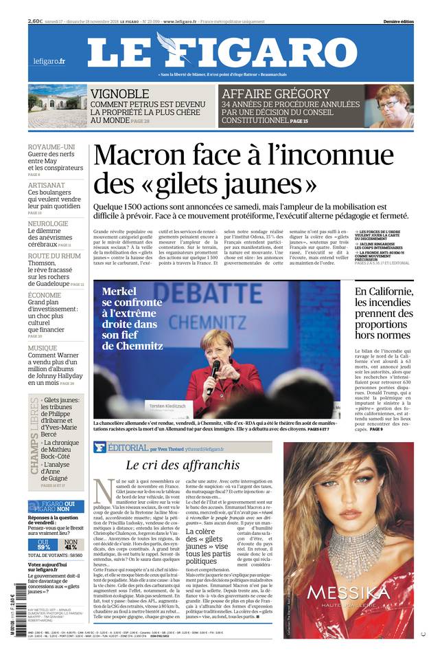 Le Figaro Une du 17 novembre 2018