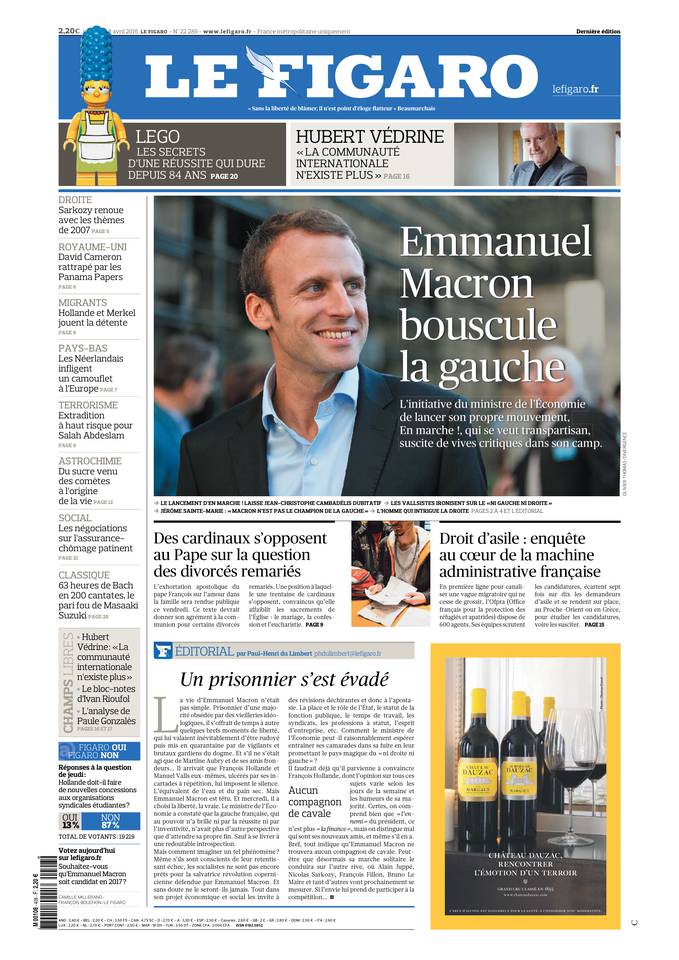 Le Figaro Une du 8 avril 2016