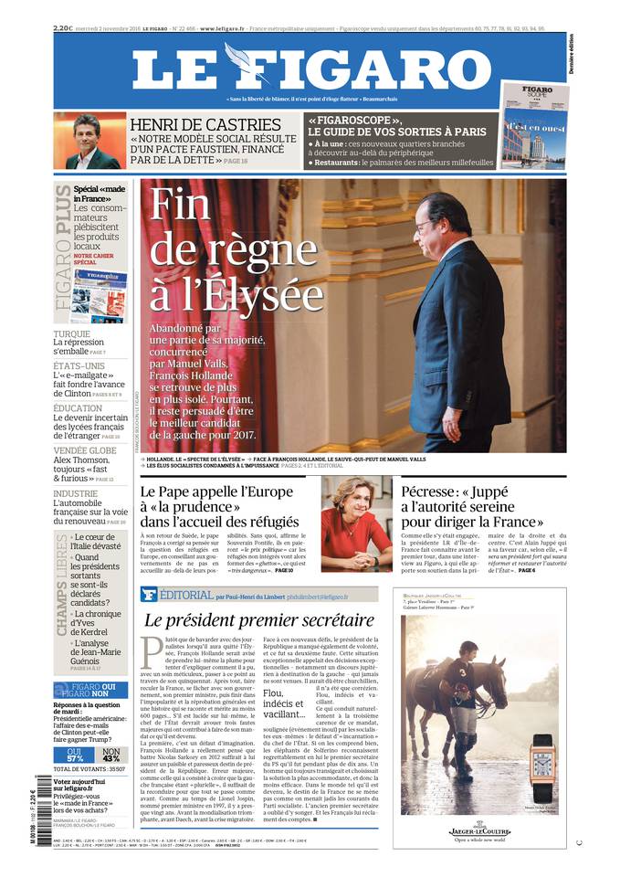 Le Figaro Une du 2 novembre 2016