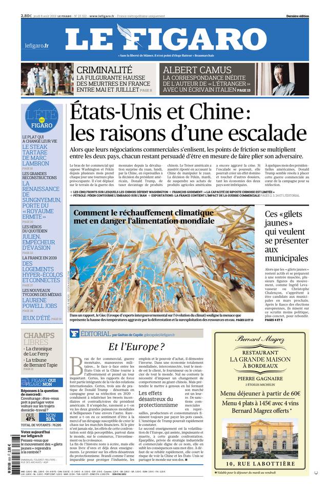 Le Figaro Une du 8 août 2019