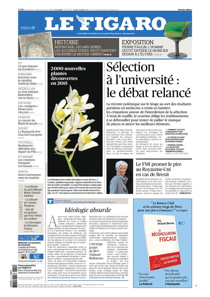 Le Figaro Une du 14 mai 2016