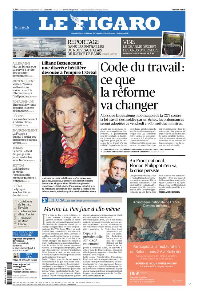 Le Figaro Une du 22 septembre 2017