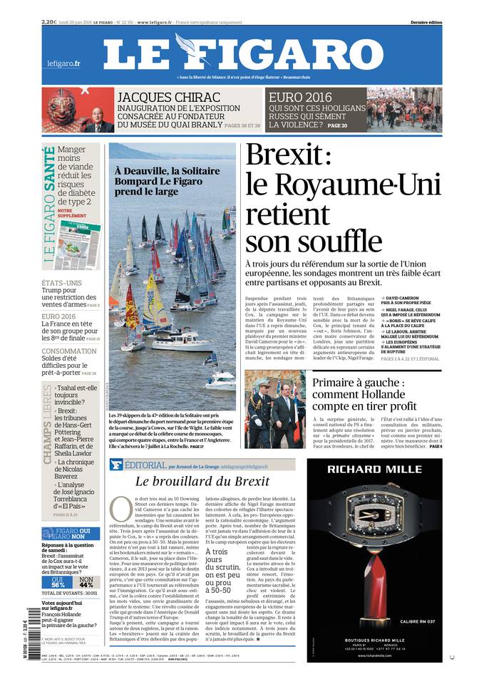 Le Figaro Une du 20 juin 2016