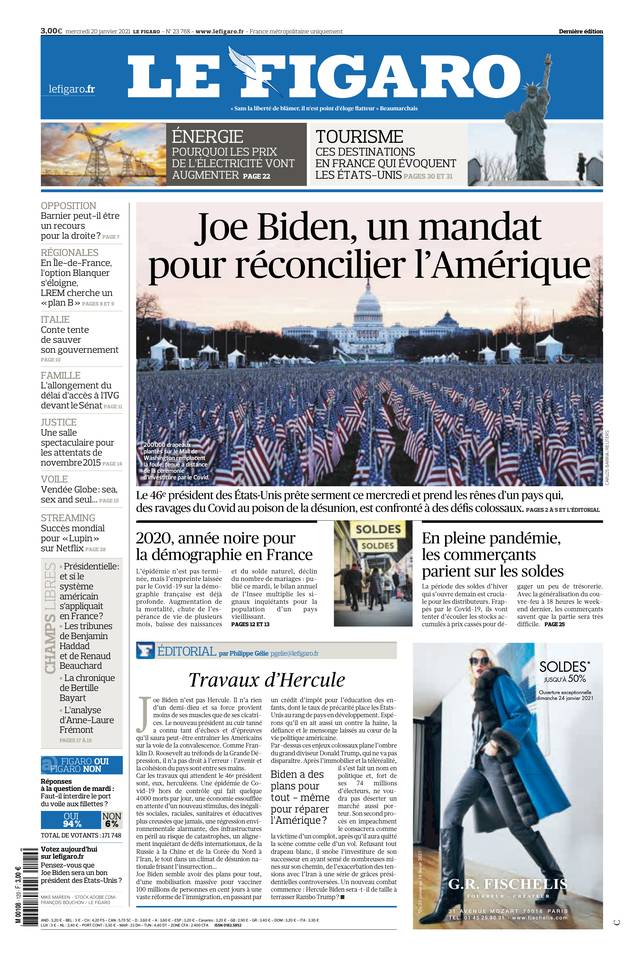 Le Figaro Une du 20 janvier 2021