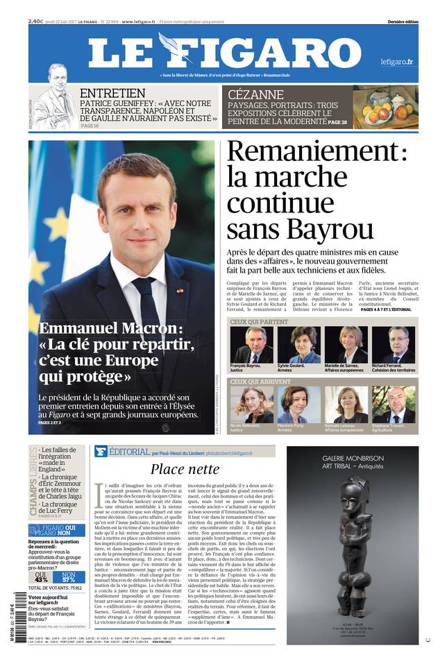 Le Figaro Une du 22 juin 2017