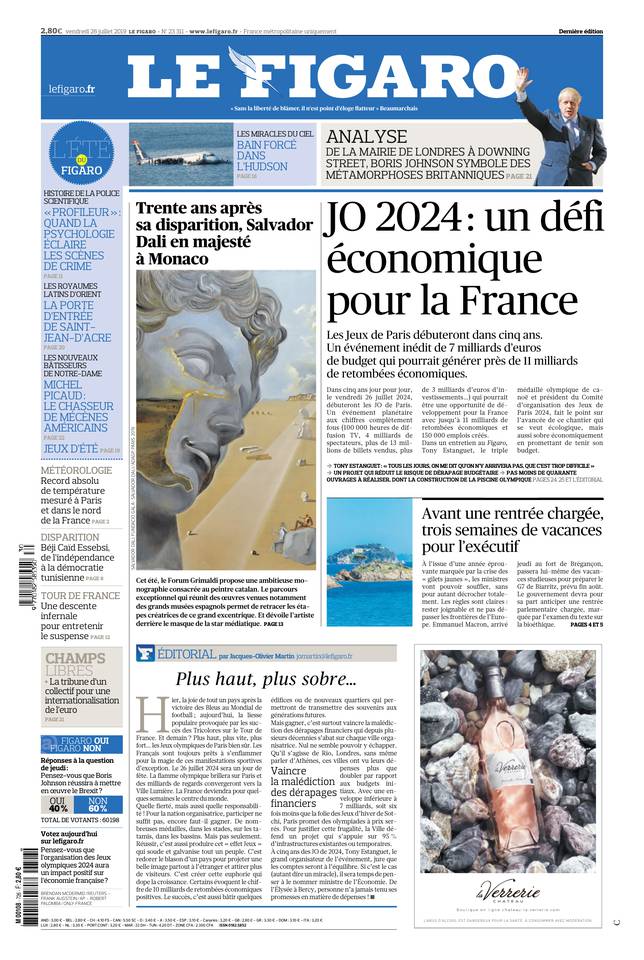 Le Figaro Une du 26 juillet 2019