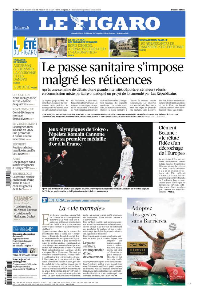 Le Figaro Une du 26 juillet 2021