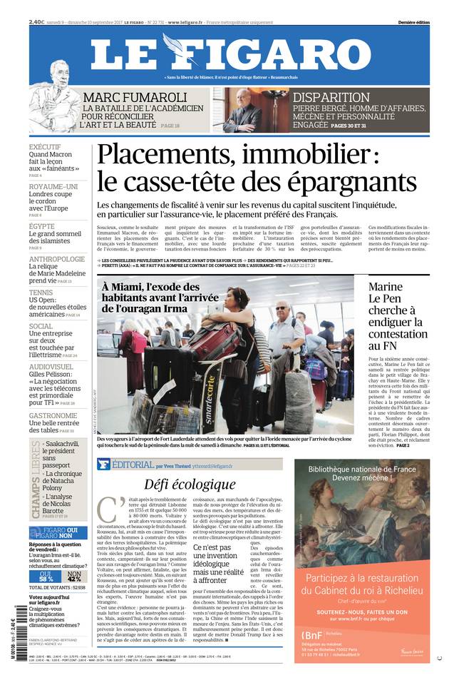Le Figaro Une du 9 septembre 2017