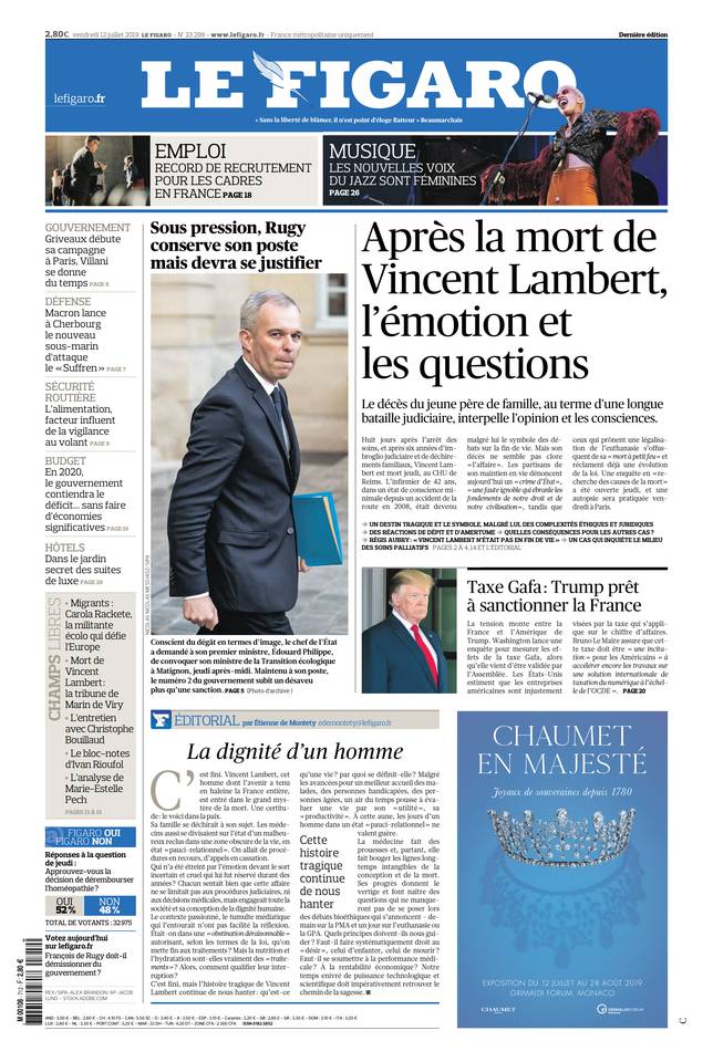 Le Figaro Une du 12 juillet 2019
