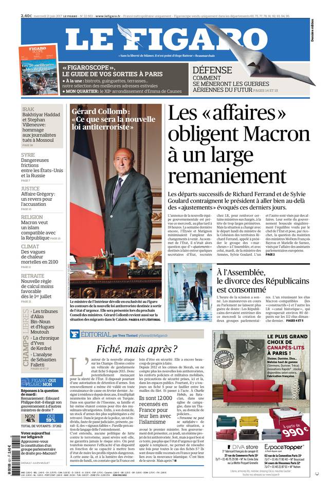 Le Figaro Une du 21 juin 2017