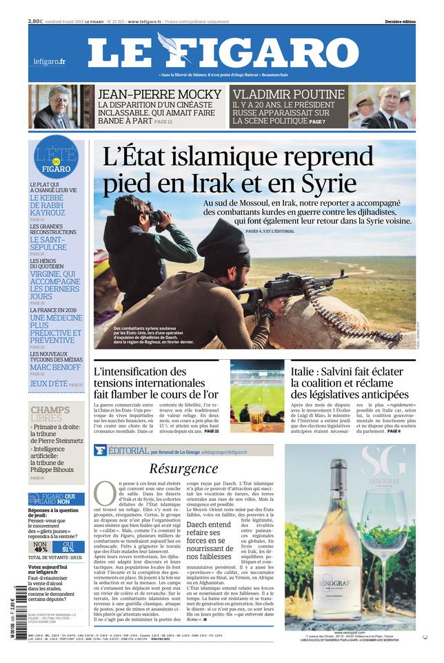 Le Figaro Une du 9 août 2019