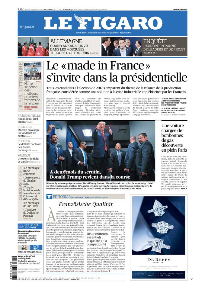 Le Figaro Une du 8 septembre 2016