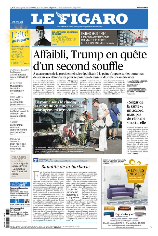 Le Figaro Une du 13 juillet 2020