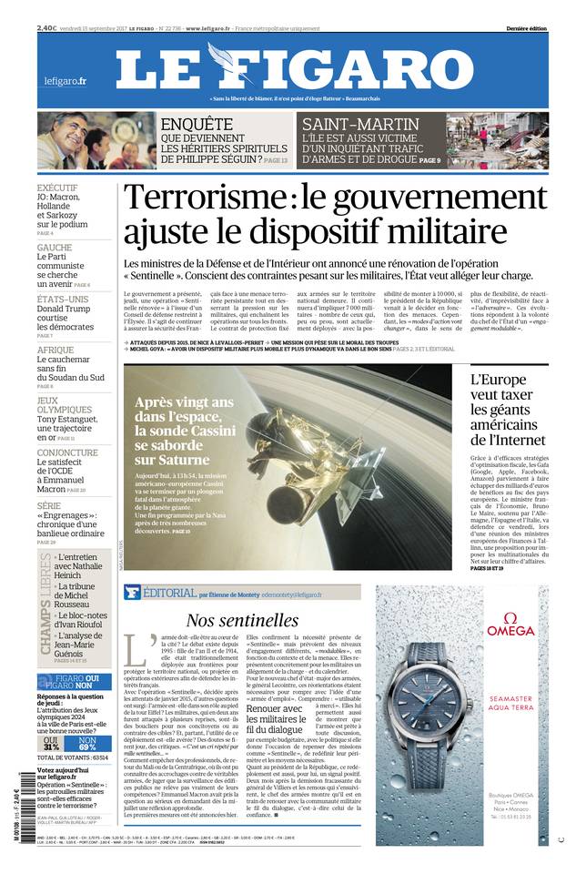 Le Figaro Une du 15 septembre 2017